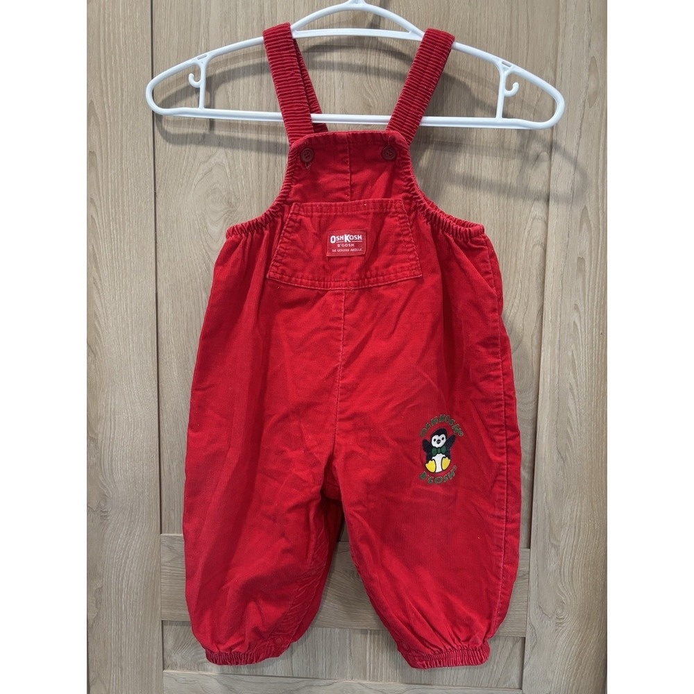 Vintage 1980s OshKosh Overalls RARE Red Corduroy Penguin Baby Size 24 Month